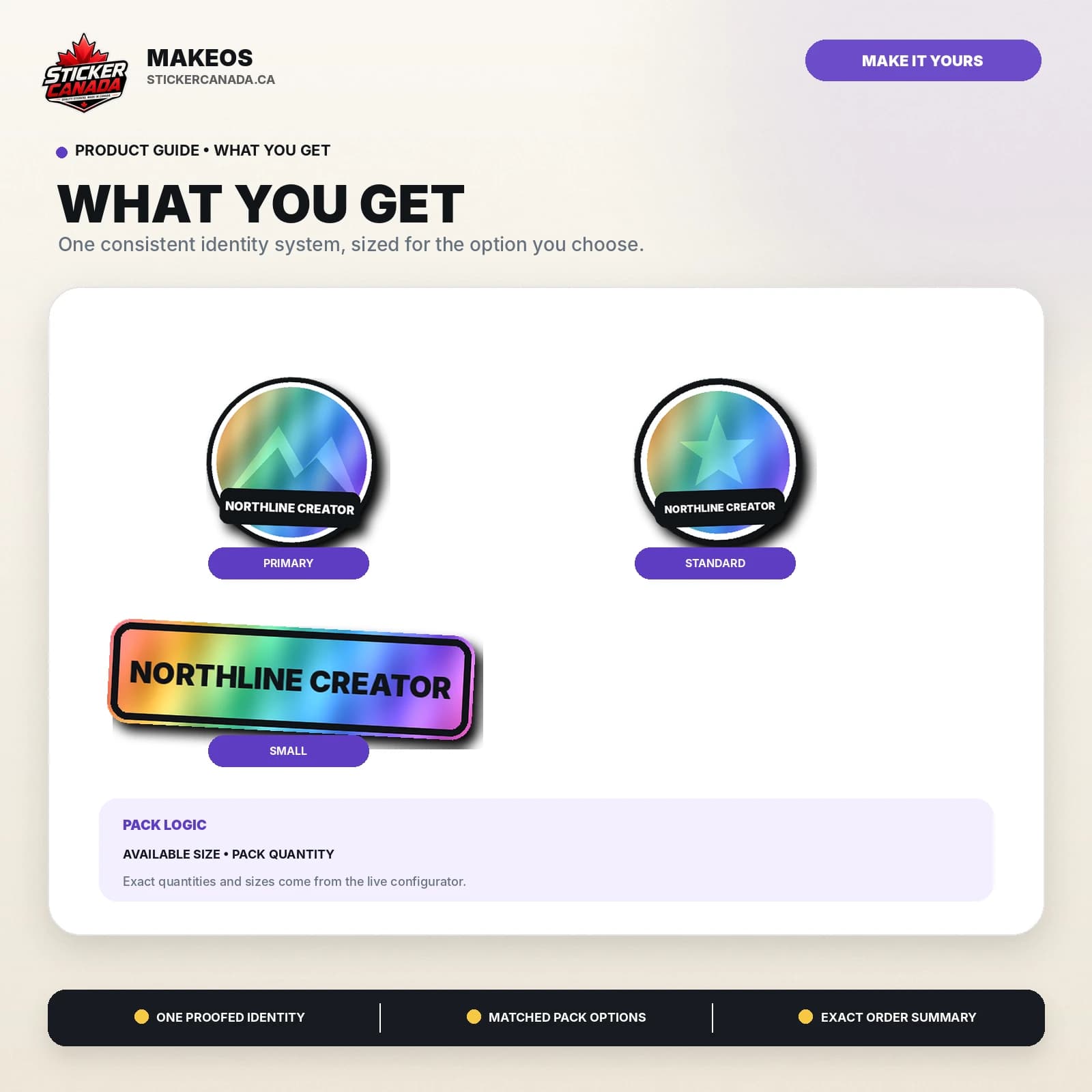 Holographic Creator Sticker Pack product contents and size family for laptop, helmet, merch pack