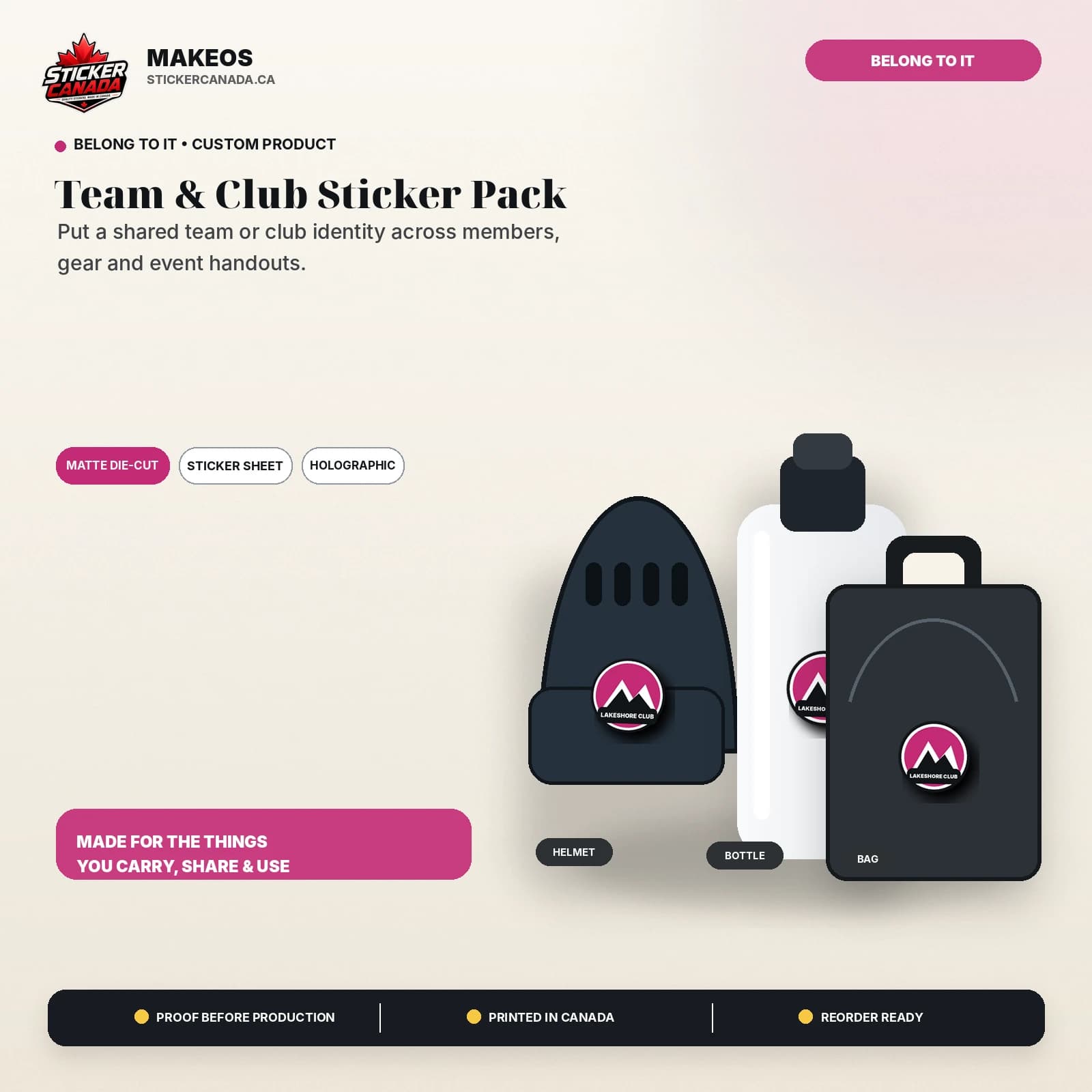 Team & Club Sticker Pack product overview for helmet, bottle, bag