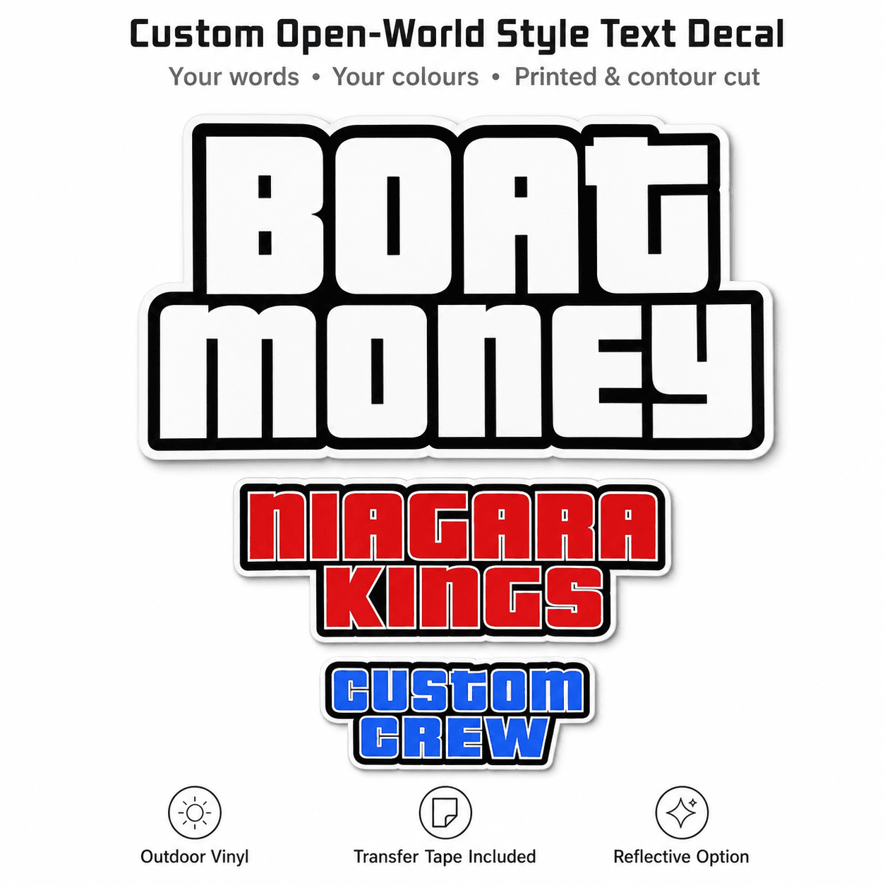 Custom open-world game-style text decal with colour examples