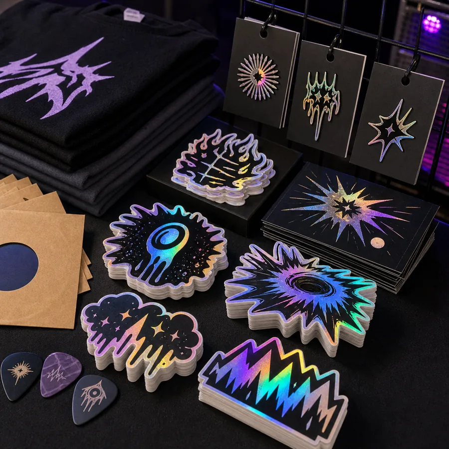 Band creator packing custom merch stickers for Canadian fans