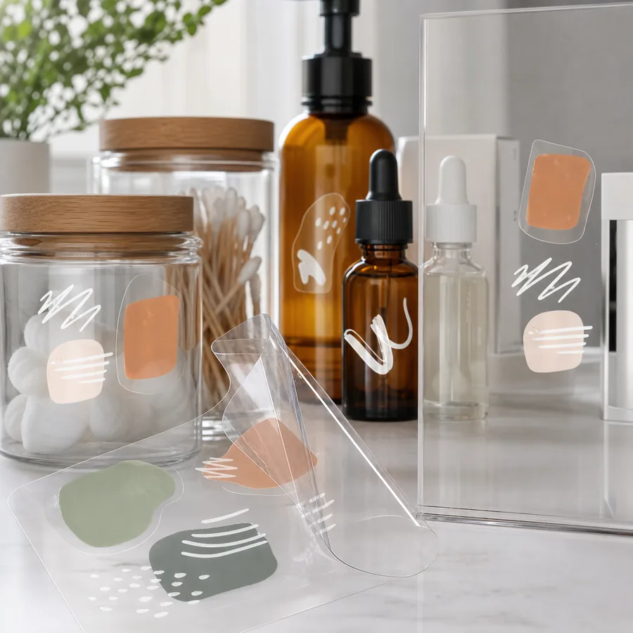 Clear stickers applied to glass bottles with product branding