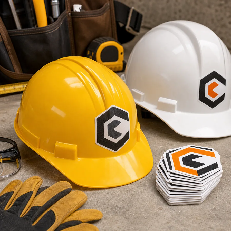 Trades crew using custom hard hat stickers with uploaded company logos
