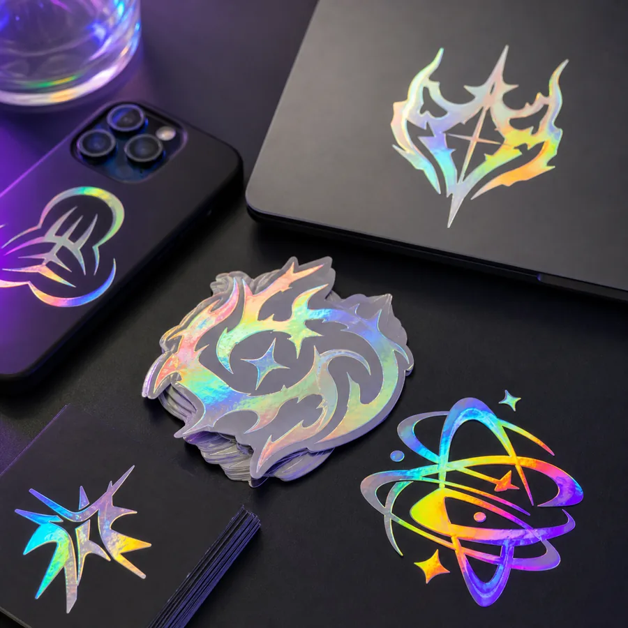 Holographic stickers prepared for a creator merch drop