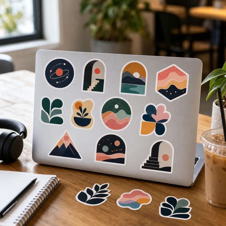 Student creator using custom laptop stickers on a laptop lid