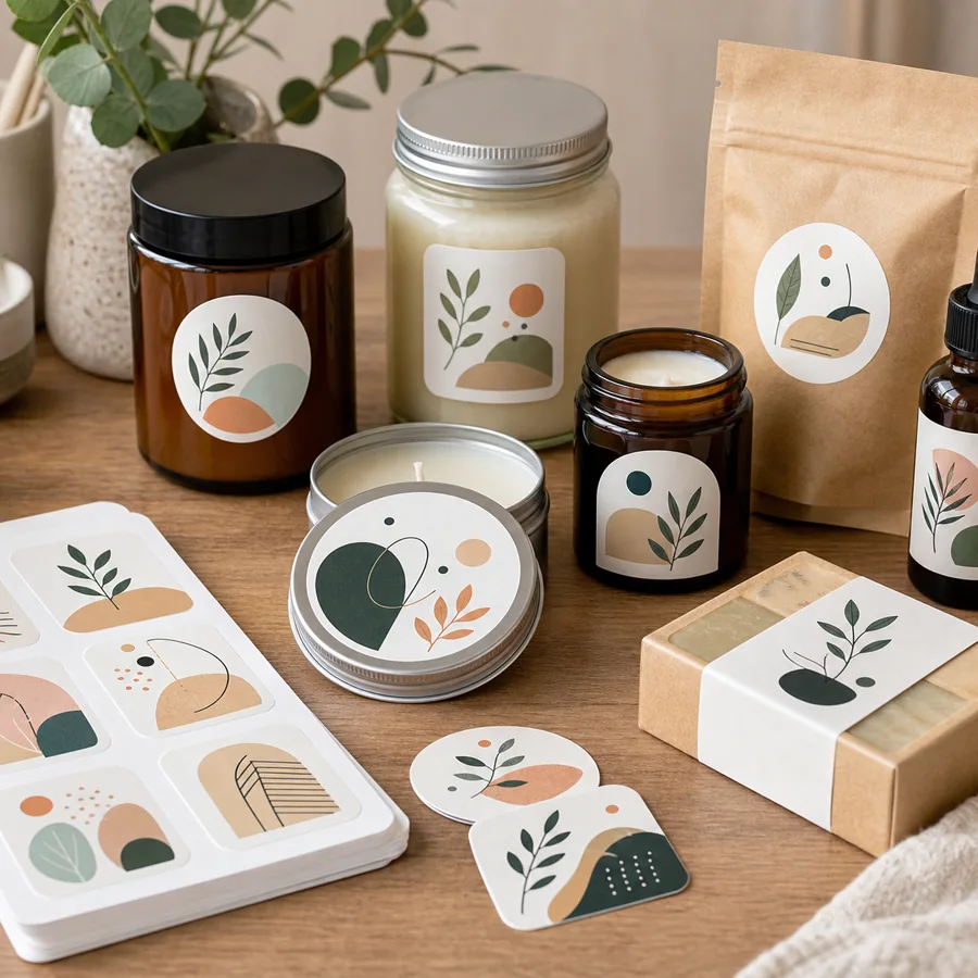 Maker applying custom product label stickers to packaged goods