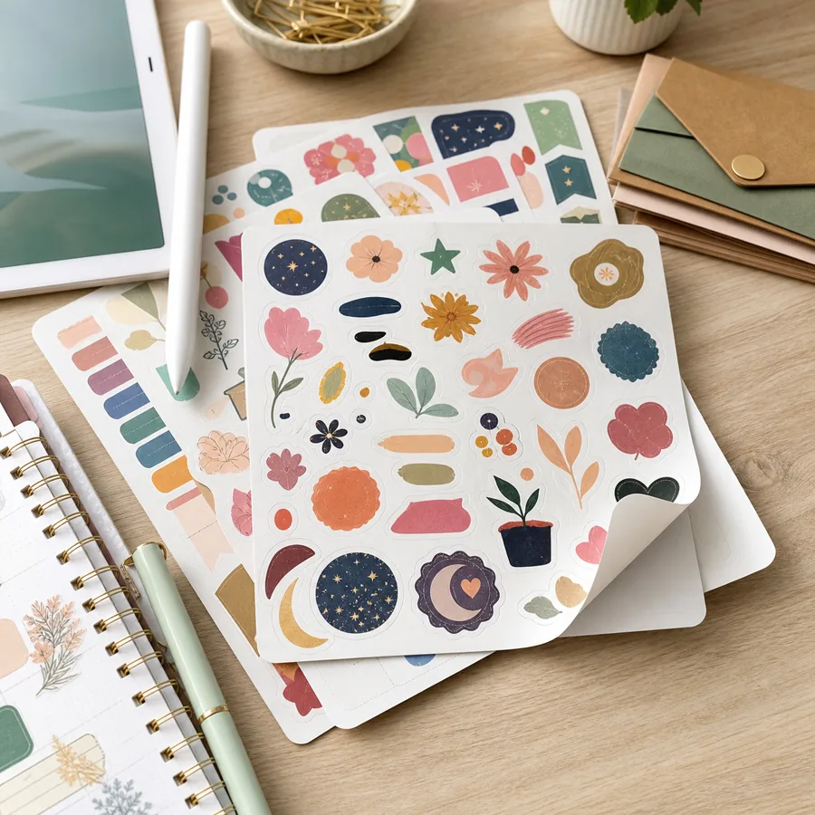 Creator planning a custom sticker sheet with multiple kiss-cut designs