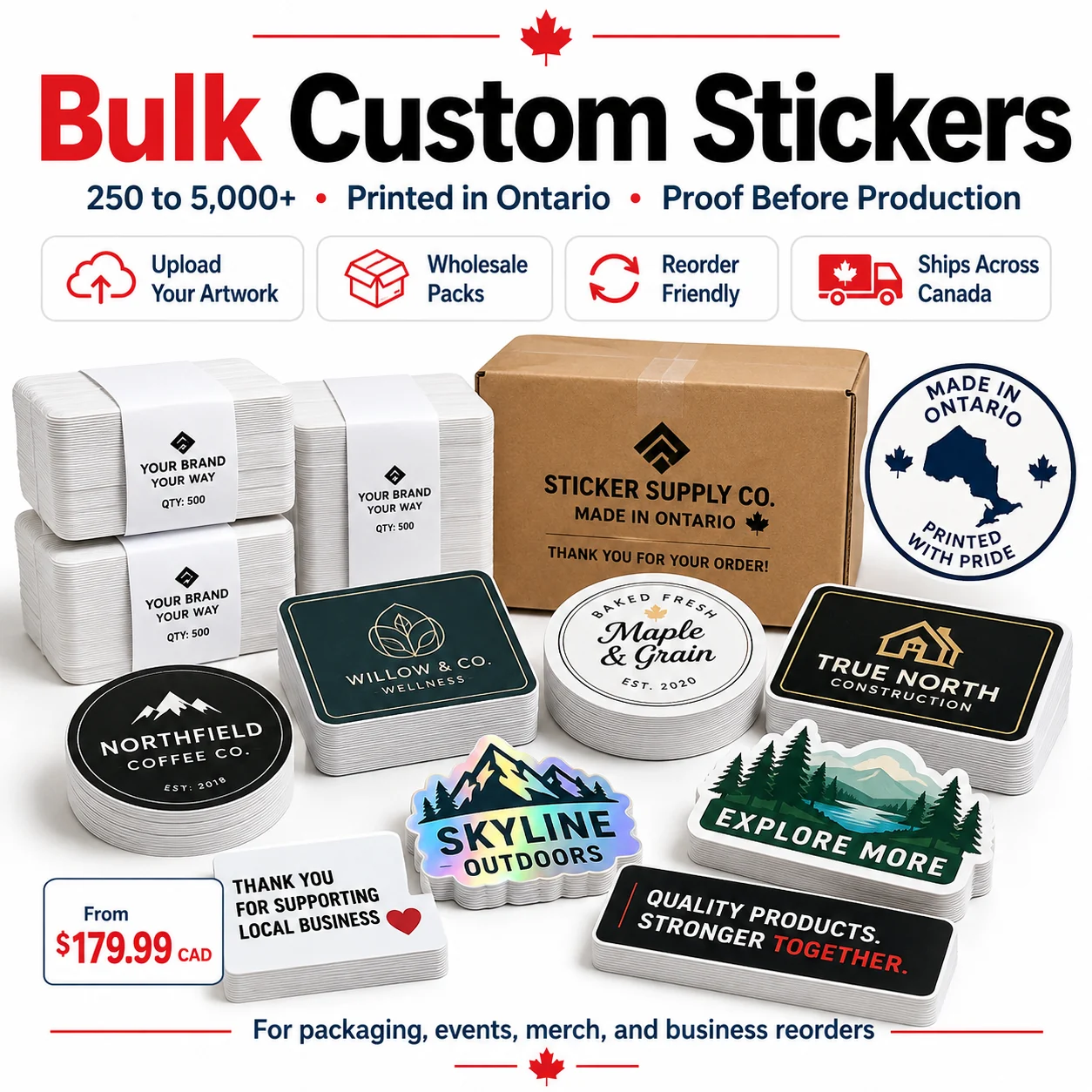 Bulk custom stickers Canada in 250 to 5000 piece packs printed in Ontario