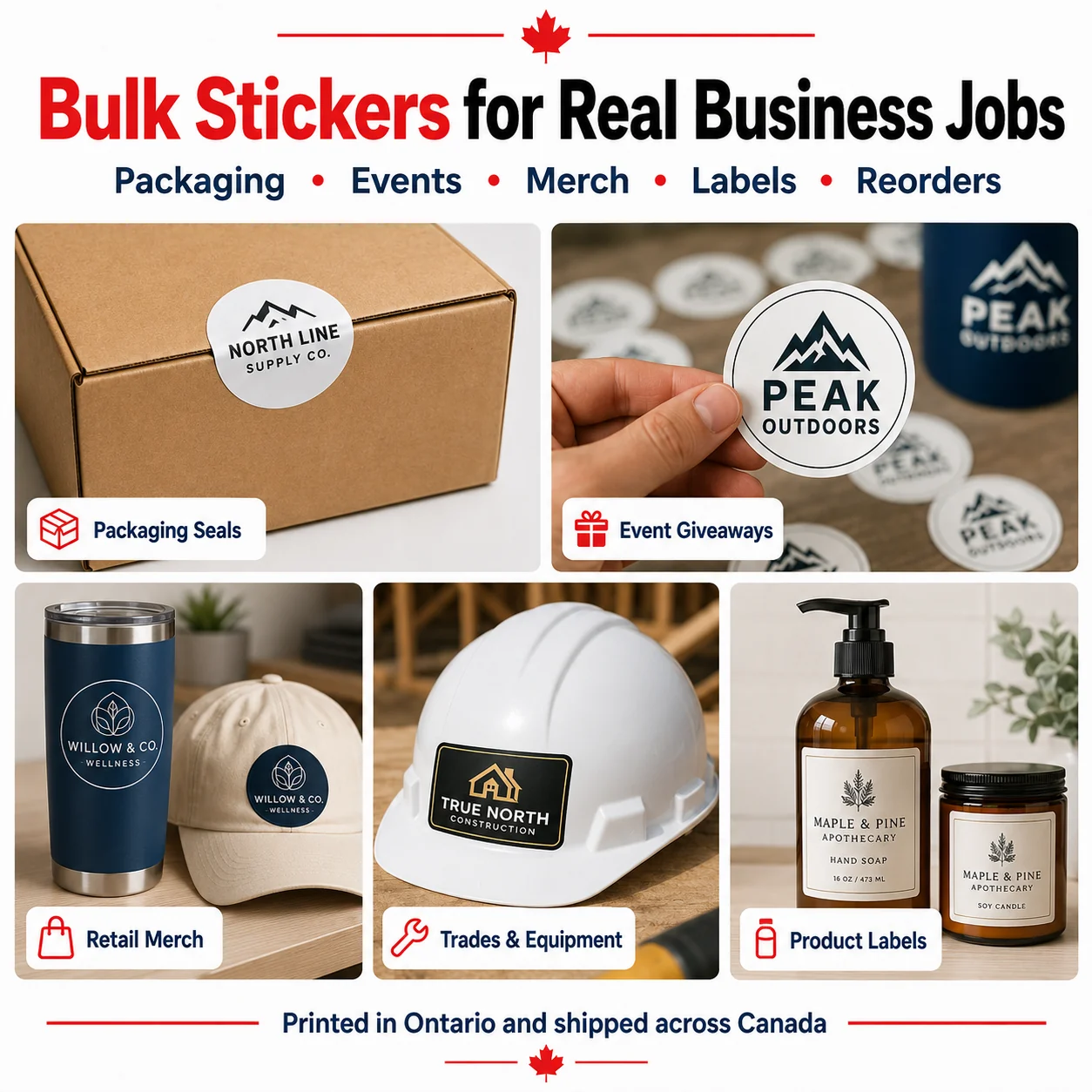 Bulk stickers for packaging events merchandise trades and product labels in Canada