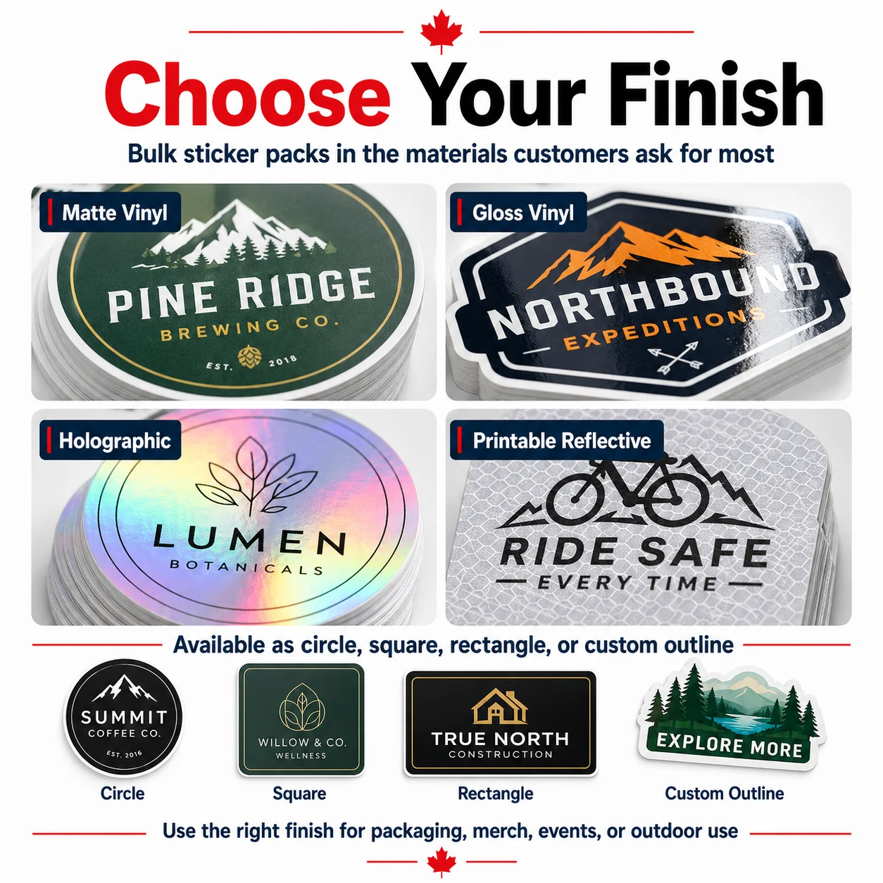 Bulk sticker material options including matte gloss holographic and reflective vinyl