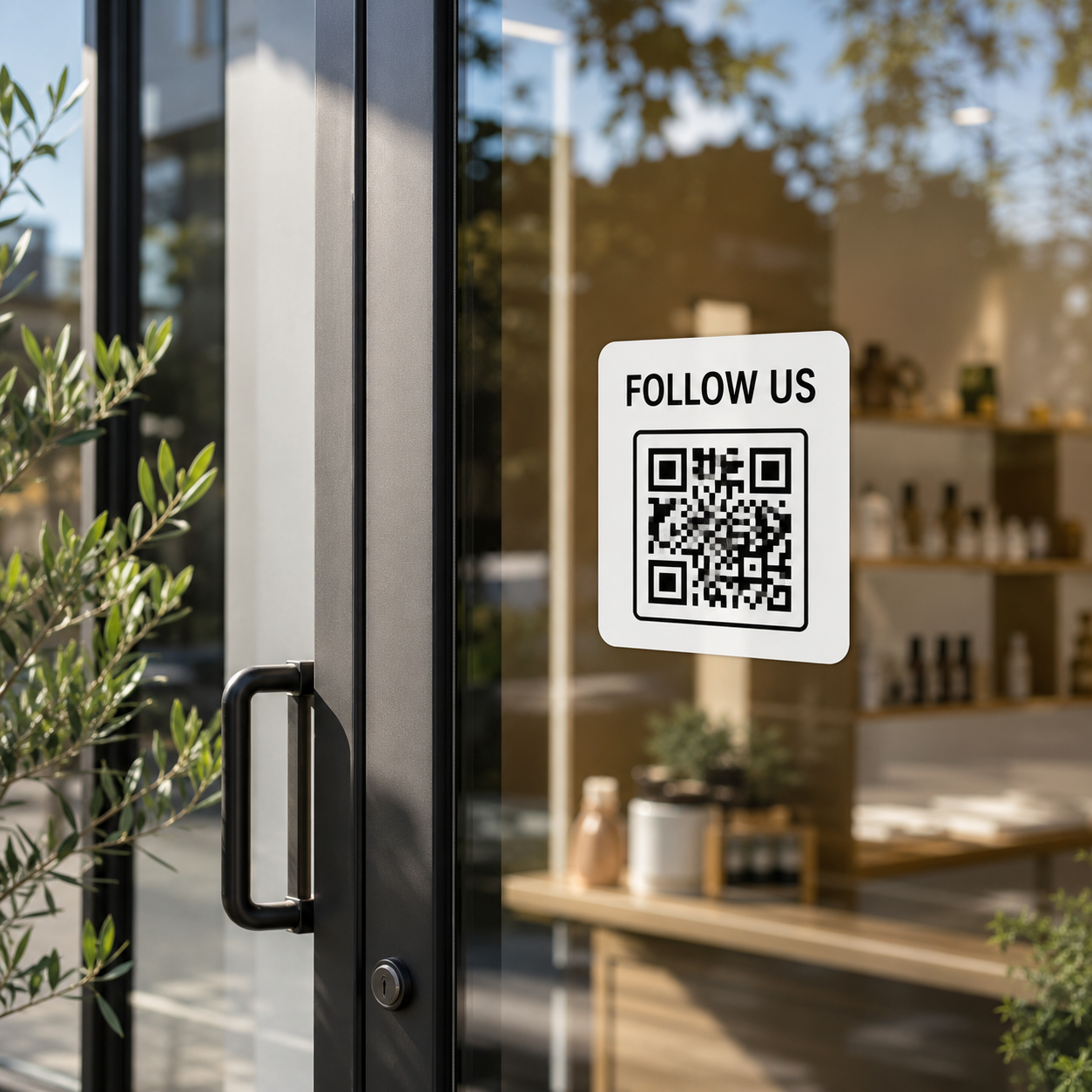 QR code sticker applied to a storefront window