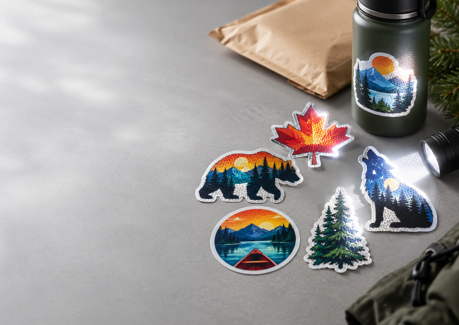 Printed reflective stickers of a bear, a maple leaf, a wolf and a lake scene beside a flashlight