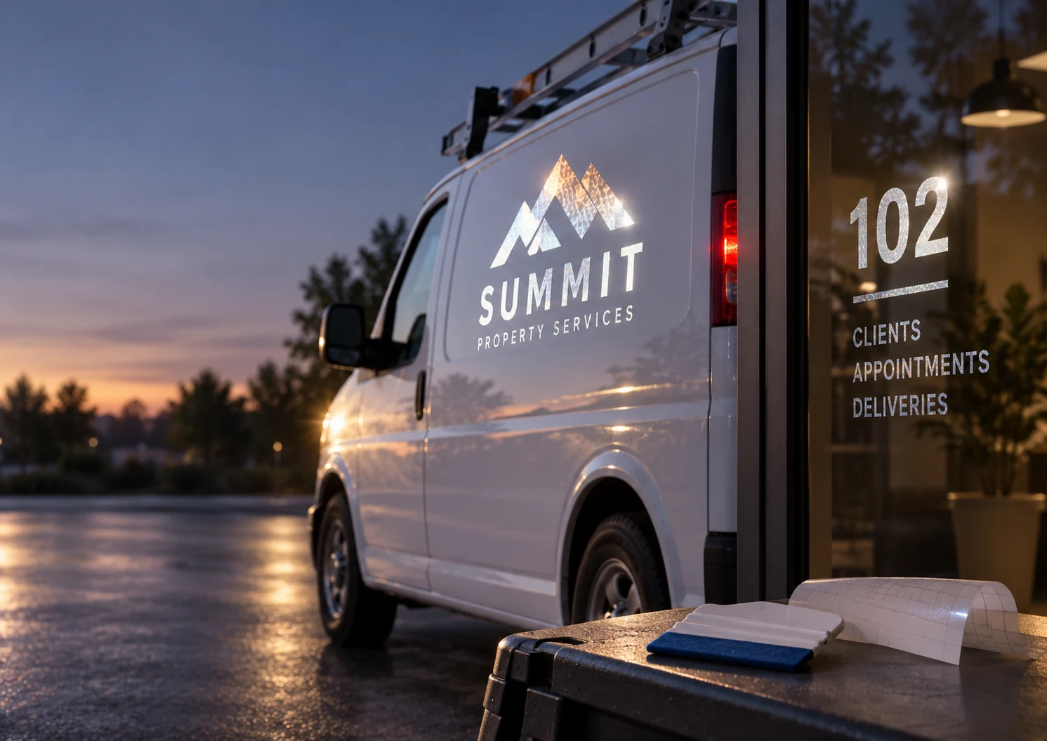 Reflective lettering on a white work van and a glass door at dusk