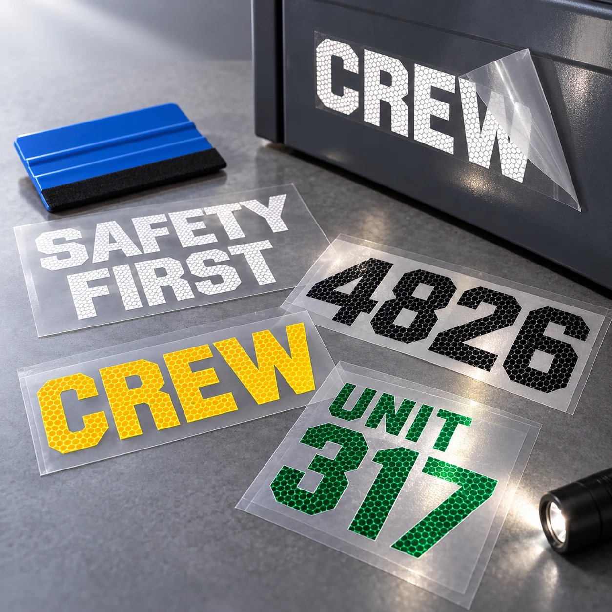 Reflective cut lettering and unit numbers in white, black, yellow and green on application tape